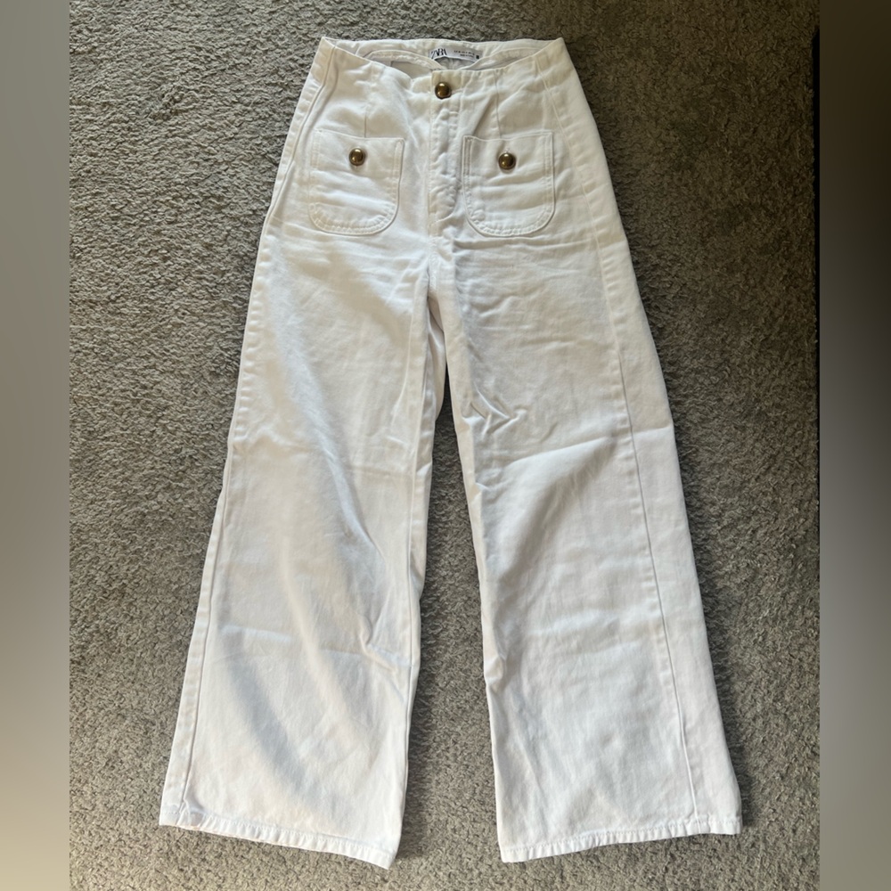 Zara White Wide-Leg Jeans with Gold Details